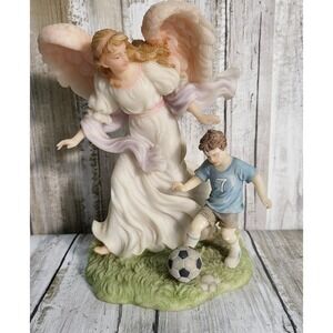 vintage Angel Figurine Boy Soccer Player Guardian Religious Statue Decor